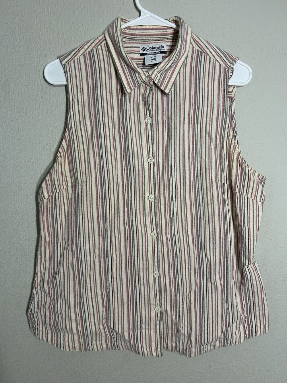 Columbia Womens Sleeveless Button Down Shirt Pink Tan Striped Cotton Size 1X